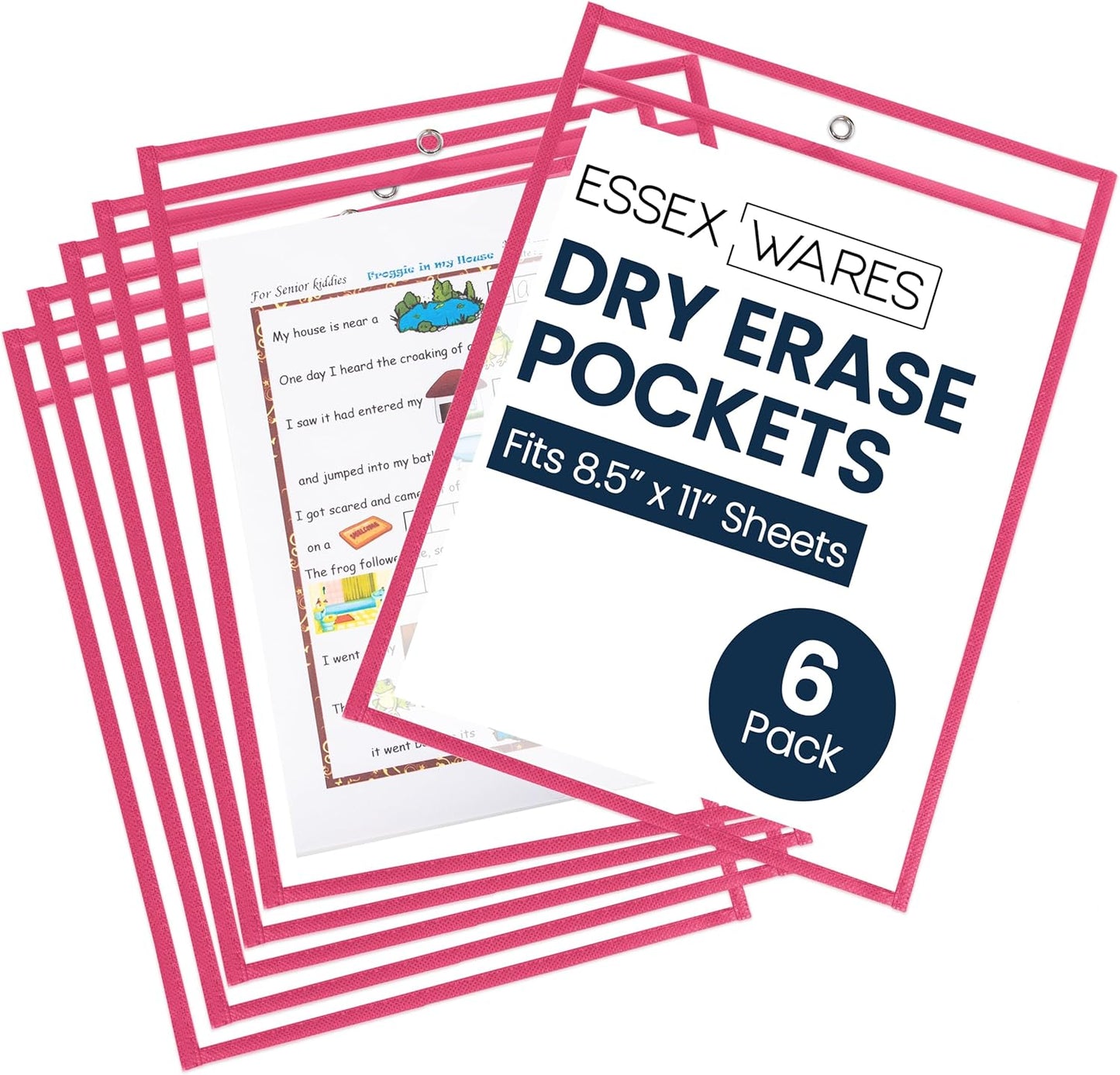 Essex Wares - 6 Pack, Assorted, Dry Erase Pocket Document Protectors, 10" Wide x 13.5" Tall- Dry Erase Clear Plastic Sleeves - Reusable & Easy Erase Plastic Invoice Holders, Water-Resistant & Durable