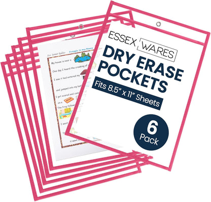 Essex Wares - 6 Pack, Assorted, Dry Erase Pocket Document Protectors, 10" Wide x 13.5" Tall- Dry Erase Clear Plastic Sleeves - Reusable & Easy Erase Plastic Invoice Holders, Water-Resistant & Durable