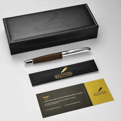 BEILUNER 318 Luxury Leather Pen, Hand-Stitched Premium Leather, Chrome-Plated Finish, Schmidt Ink Refill, Best Rollerball Pen Gift for Men & Women, Refillable, Executive Writing, Nice Pens