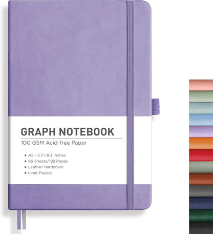 RETTACY Graph Grid Paper Notebook, 192 Pages, A5 Medium Size (5.7'' x 8.3''), 5 Squares per Inch, Leather Hardcover, 100 GSM Thick Paper, for School, Students, Math, Engineering (Brown)