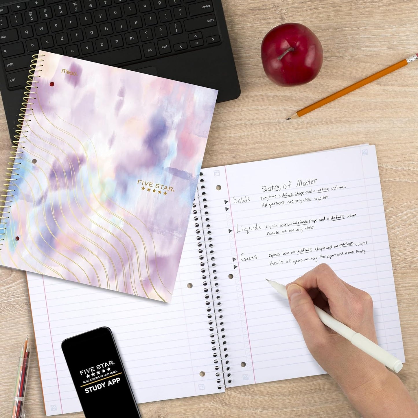 Five Star Spiral Notebook + Study App, 2 Pack, 1 Subject, Wide Ruled, 8" x 10-1/2", 80 Sheets, Fights Ink Bleed, Water Resistant Cover, Pastel Waves and Brush Strokes (930210F-ECM)