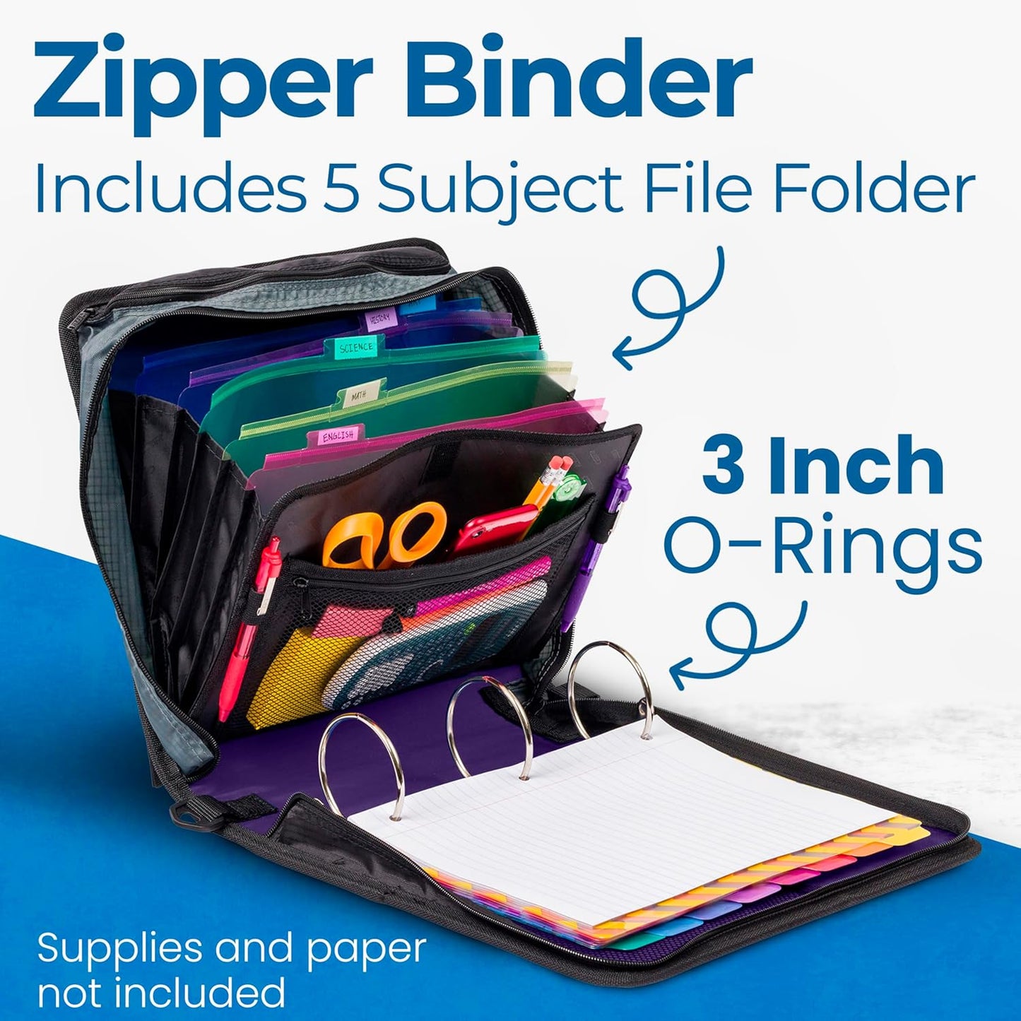 Case-it Mighty Zip Tab School Zipper Binder | 3-Inch O-Rings, 600-Sheet Capacity, 5-Subject Expanding File Folder, Multiple Pockets & Storage Organizer, Shoulder Strap | D-146 Jet Black