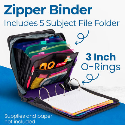Case-it Mighty Zip Tab School Zipper Binder | 3-Inch O-Rings, 600-Sheet Capacity, 5-Subject Expanding File Folder, Multiple Pockets & Storage Organizer, Shoulder Strap | D-146 Jet Black