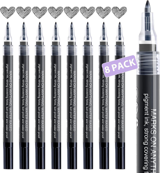 AKARUED White Paint Pen Acrylic Marker: 8 Pack 0.7mm White Paint Marker for Black Paper, Metal, Wood, Plastic, Ceramic, Metallic, Rock Painting, Drawing, Extra Fine Point, Ideal for Artist & Students