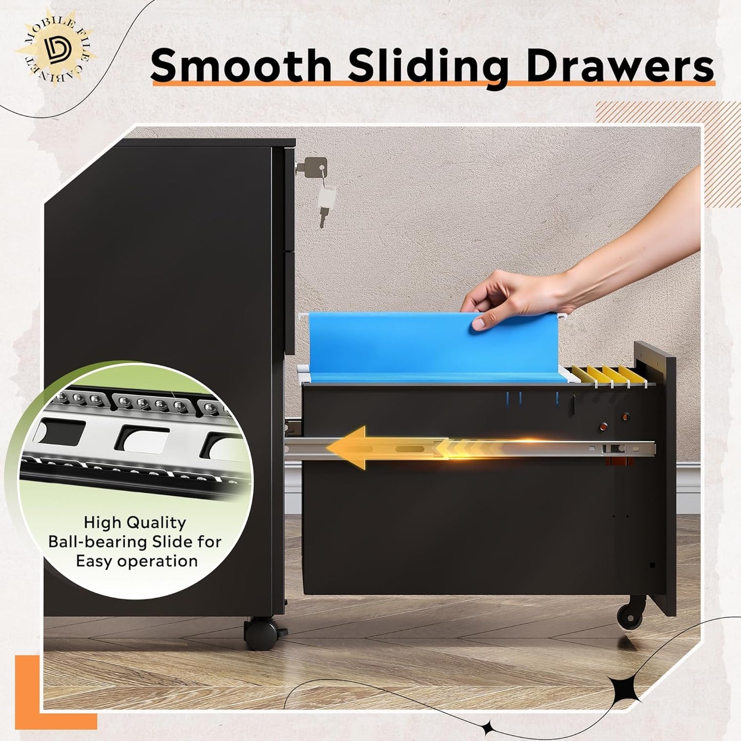 DEVAISE 3 Drawer Mobile File Cabinet Under Desk Office, Fully Assembled Except Casters, Letter/Legal Size, Black