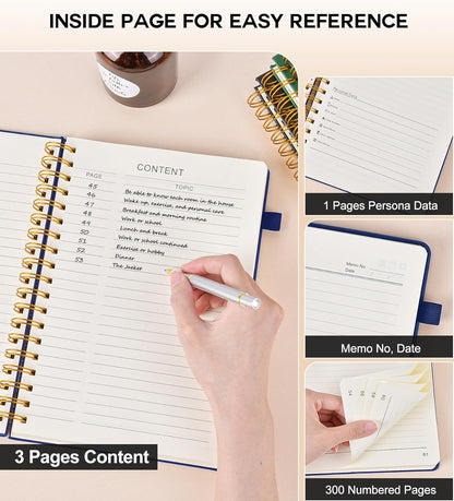 Spiral Notebook Journal for Women Men, 300 Numbered Lined Pages, College Ruled, A5 Hardcover Spiral Bound Notebook for School, Work, Note Taking Writing, Leather Spiral Journal Medium 5.9"x8.5"