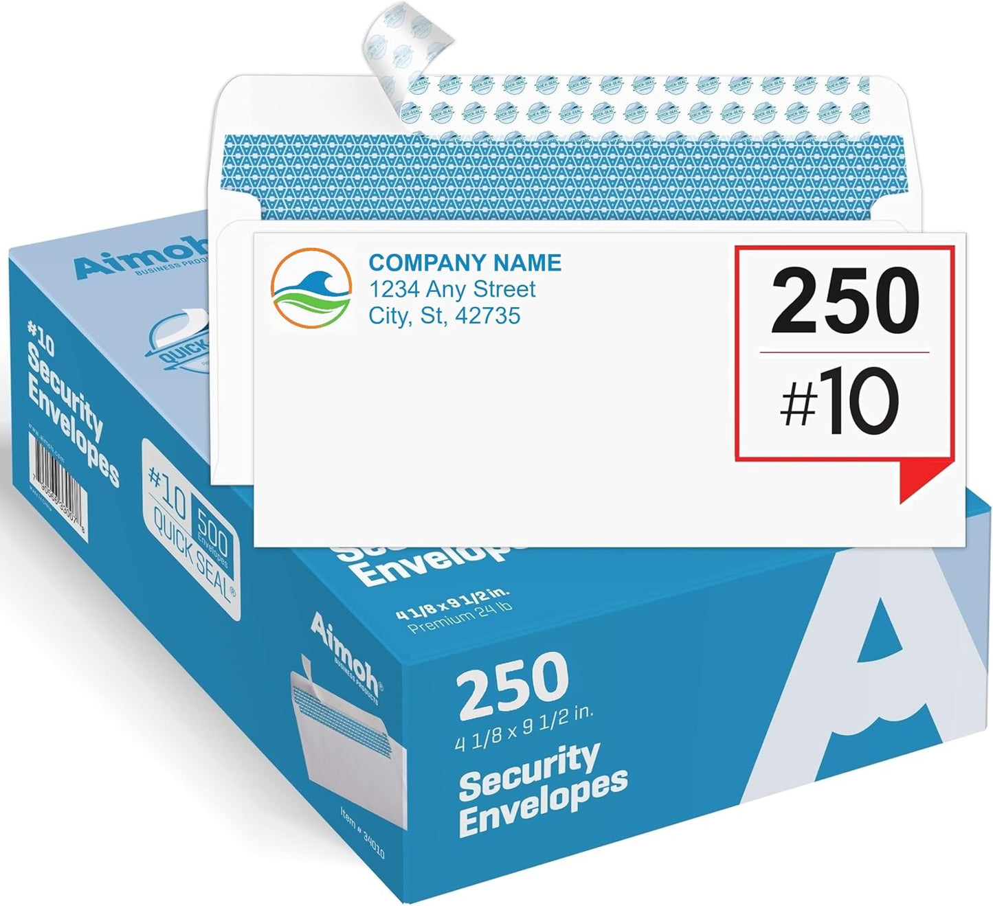 Aimoh 500#10 Security Self Seal Envelopes, Windowless, Premium Security Tint Pattern, Ultra Strong Quick Seal Closure, EnveGuard, Size 4-1/8 x 9-1/2", White, 24LB, 500 Count(34010)