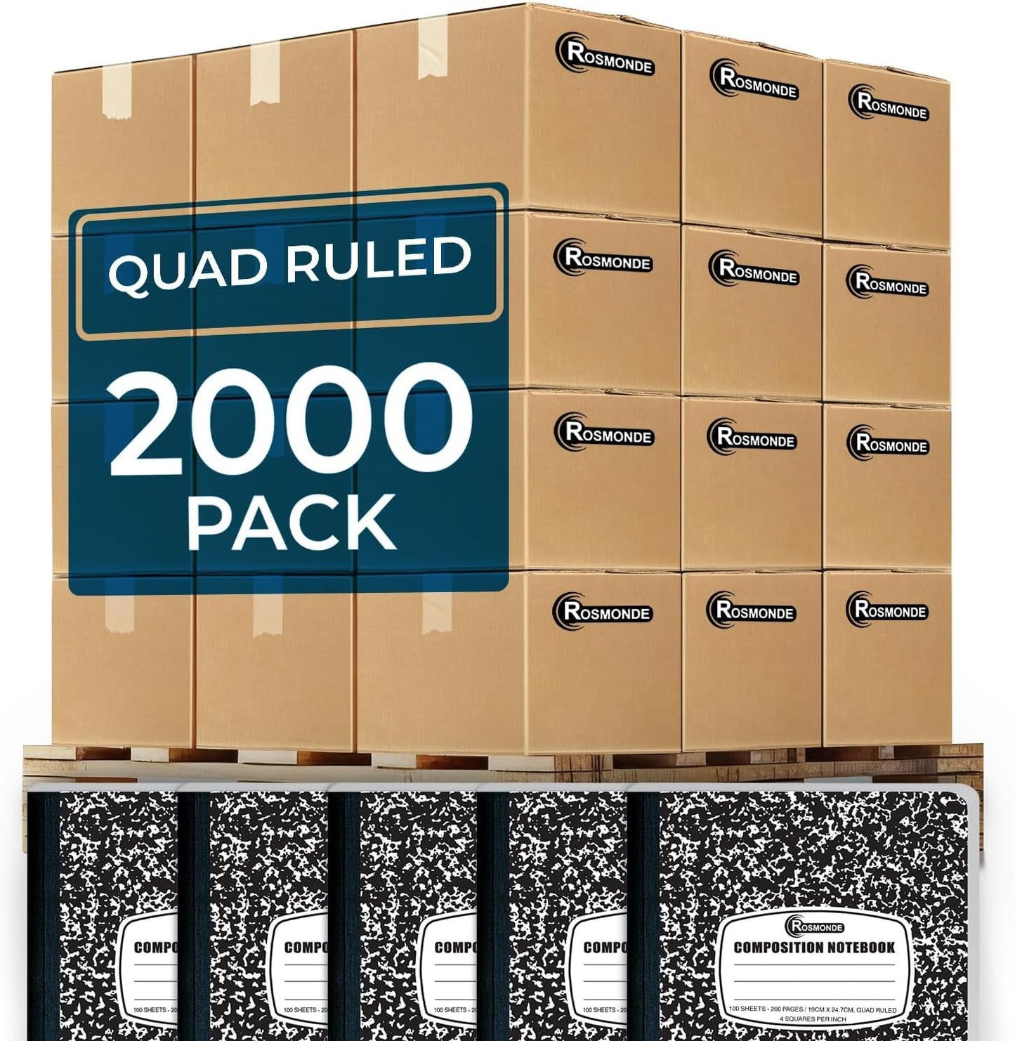 Rosmonde 50 Pack Composition Notebooks Bulk, Wide Ruled Composition Notebook, 200 Pages (100 Sheets), 9-3/4 x 7-1/2, Black Marble, Bulk School Supplies, Office Notebooks, Bulk Notebooks for School