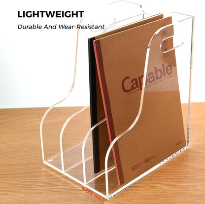Acrylic Magazine File Holder, 4 Vertical Compartments Desk Document Sorter Organizer, Clear Folder Rack Binder for Office/Home/Classroom, for Documents, Tablet, Magazines, Books & Accessories