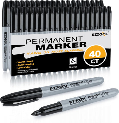 Ezzgol Black Permanent Markers Bulk, 40 Packs Fine Tip Permanent Markers, Waterproof Markers, Premium Smear Proof Pens, Quick Drying, Office Supplies for School, Office, Home