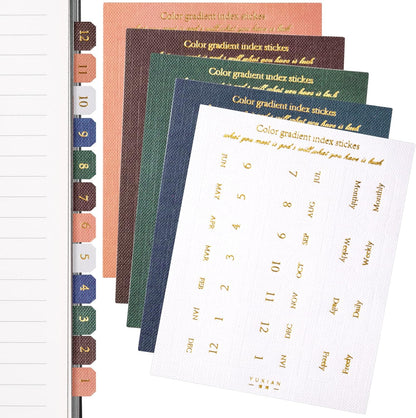 OIIKI 180pcs Planner Monthly Tabs, Self-Adhesive Index Tabs Stickers, Gradient Sticky Page Markers Labels for Document Notebooks Books Project Binders Office- 5 Colors(D Style)