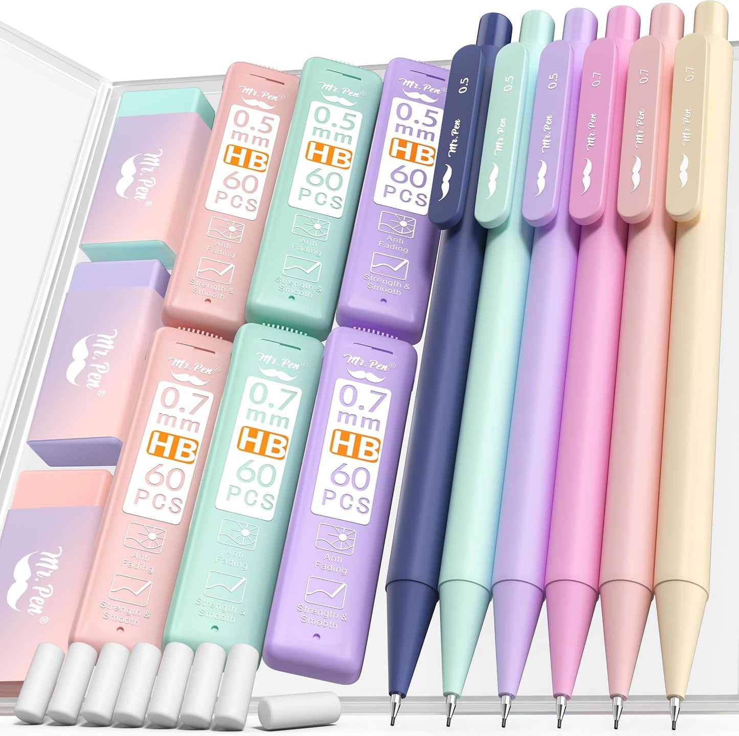 Mr. Pen- Pastel Mechanical Pencil Set with Lead Refills & Erasers, 6 Pack, 2 Sizes, 0.5 & 0.7mm, 6x Tubes HB Lead Refill, 3x Erasers for School Supplies, Note Taking, Drawing, Sketching, Office