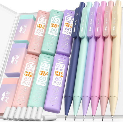 Mr. Pen- Pastel Mechanical Pencil Set with Lead Refills & Erasers, 6 Pack, 2 Sizes, 0.5 & 0.7mm, 6x Tubes HB Lead Refill, 3x Erasers for School Supplies, Note Taking, Drawing, Sketching, Office