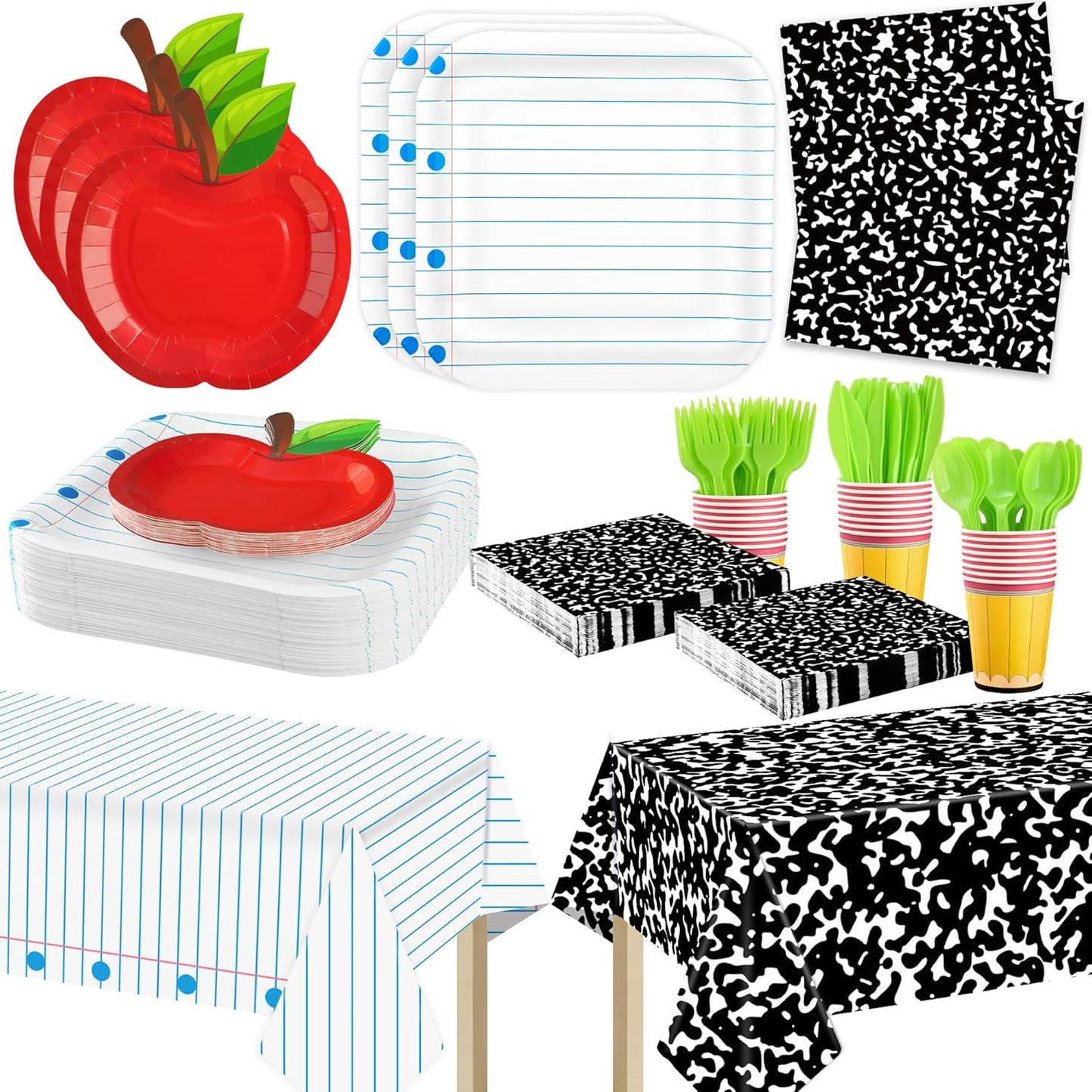 170 Pcs Back to School Party Supplies Tableware Set Red Apple Pencils Paper Plates Napkins Cups Composition Notebook Disposable Tablecloth for Preschool First Day of School Graduation Party, Serves 24