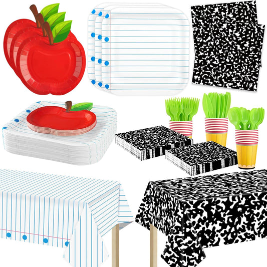 170 Pcs Back to School Party Supplies Tableware Set Red Apple Pencils Paper Plates Napkins Cups Composition Notebook Disposable Tablecloth for Preschool First Day of School Graduation Party, Serves 24