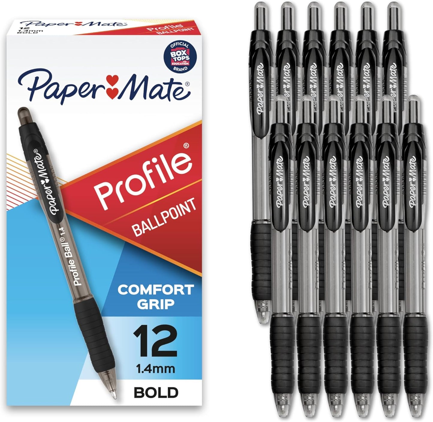 Paper Mate Profile Retractable Ballpoint Pens Bold, 1.4mm, Assorted Colors, 12 Count - Back to School, Home, Office, Teacher Supplies