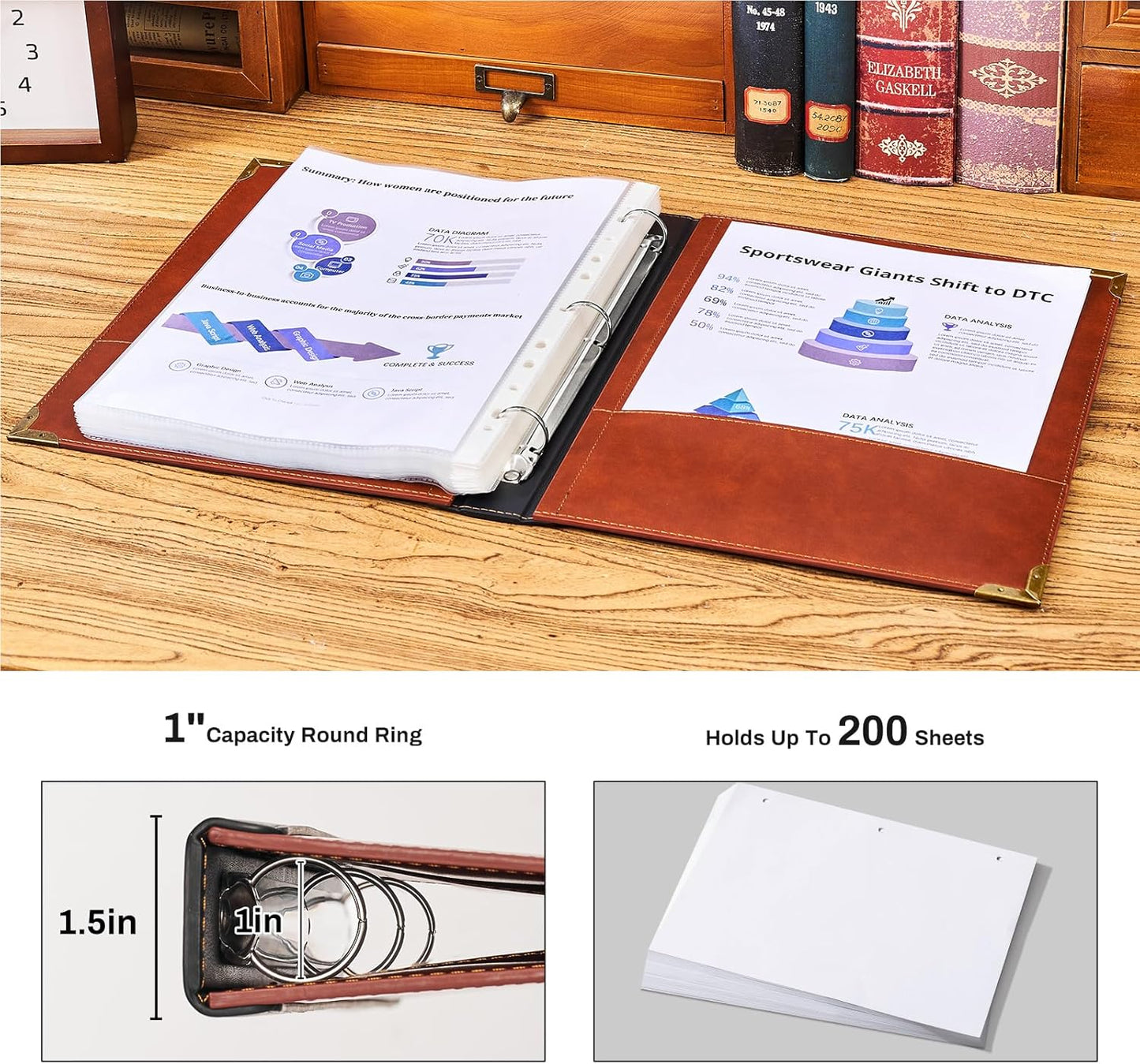 Ovesmusl Leather 3 Ring Binder 1 Inch Round Ring Binder Fits 200 Sheets 8.5"x11" Letter Size Paper, Wedding Family History Notebook Cover Loose Leaf Organizer, Brown
