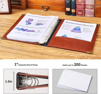 Ovesmusl Leather 3 Ring Binder 1 Inch Round Ring Binder Fits 200 Sheets 8.5"x11" Letter Size Paper, Wedding Family History Notebook Cover Loose Leaf Organizer, Brown