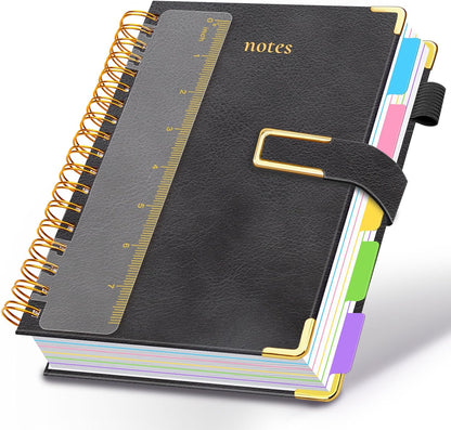 Hardcover Spiral Notebook College Ruled, 8"x10" Leather Journal Notebook with Magnetic Closure, 300 Pages 5 Subject Notebook with Dividers Tabs Journal for Women Men, Work, School(Rose Red)