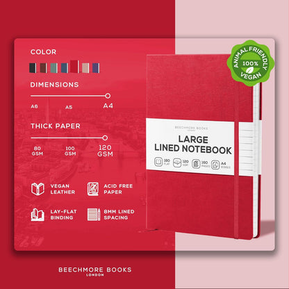 BEECHMORE BOOKS Large Lined Journal Notebook, 8.5" x 11.5" (A4) Hardcover Vegan Leather Executive Diary for Work, Thick 120gsm Paper, Lay-Flat Binding, Gift Box