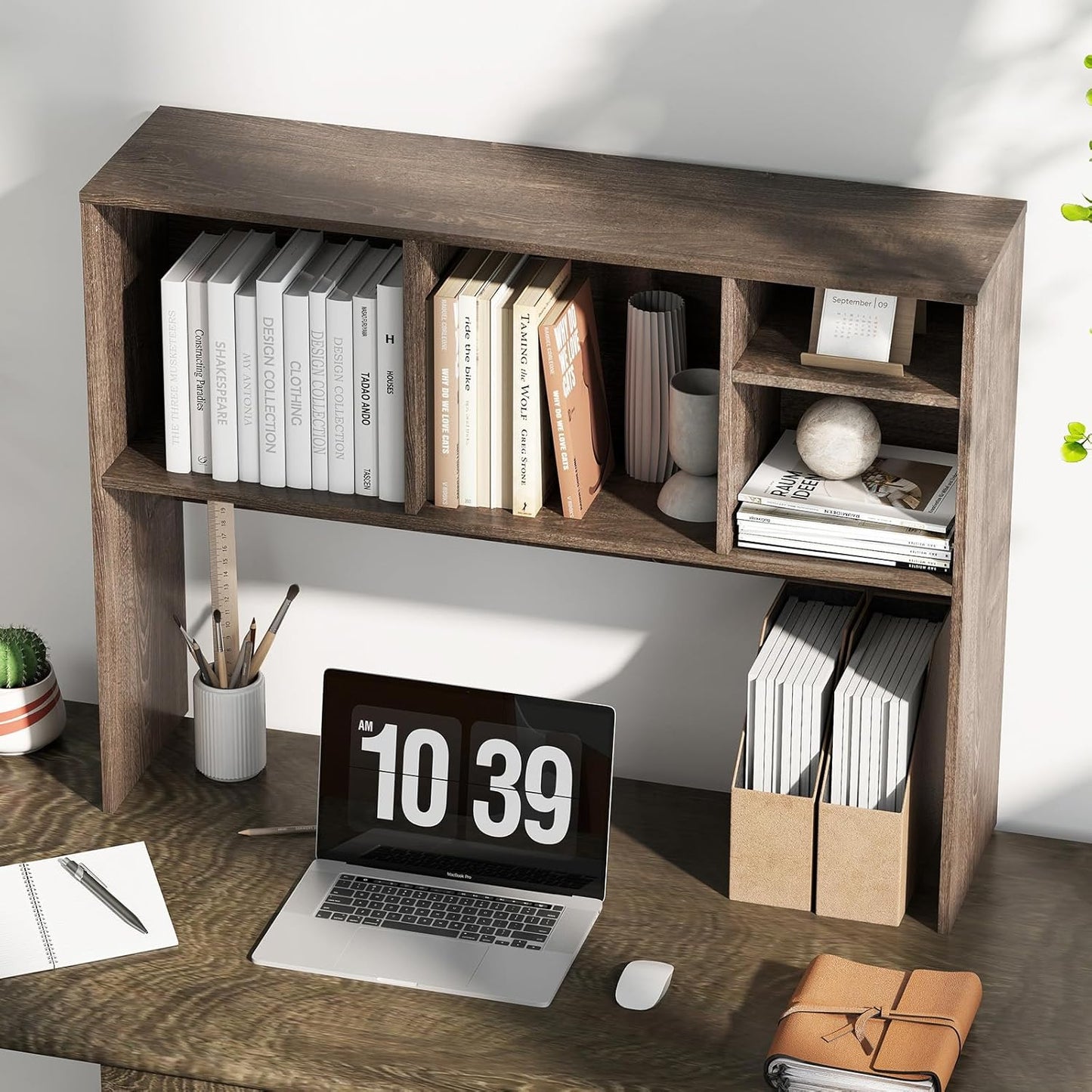 Tangkula Desktop Bookshelf, Countertop Storage Hutch with 5 Shelves for Computer Desk, Desk 3-Tier Display Rack, Multipurpose Wood Desktop Hutch Storage Organizer for Dorm Office Home