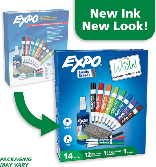 EXPO Dry Erase Markers Kit, Fine and Chisel Tip Markers, Assorted Colors, Eraser, Spray Cleaner, 14 Count