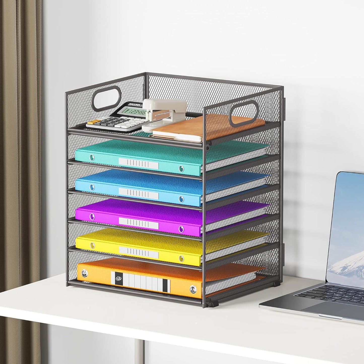 Lavatino 5 Tray Desk File Organizer, Black Mesh Paper Sorter Letter Tray Organizer with Handle, Desktop File Organizer and Storage for Letter/A4 Office File Folder