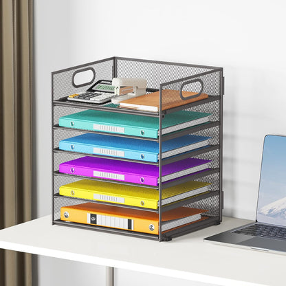 Lavatino 5 Tray Desk File Organizer, Black Mesh Paper Sorter Letter Tray Organizer with Handle, Desktop File Organizer and Storage for Letter/A4 Office File Folder