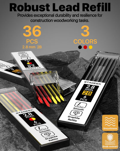 Carpenter Pencils with Sharpener, 2.8mm Mechanical Pencil Set with 26 Refills, Waterproof Deep Hole Long Nib Marker for Architect Marking, Heavy Duty Woodworking Tools for Construction Electricians