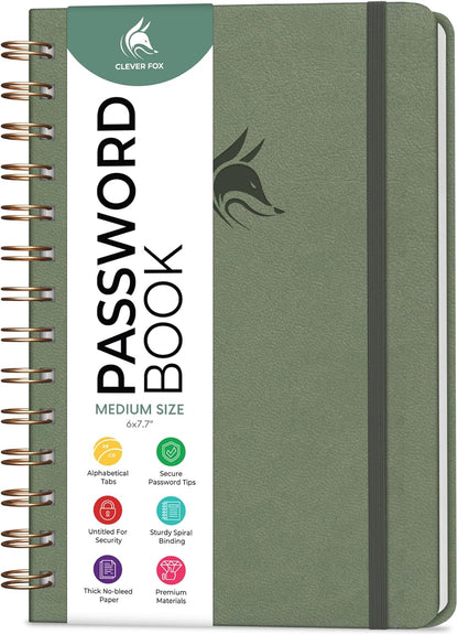 Clever Fox Password Book Spiral – Internet Address & Password Organizer with Laminated Alphabetical Tabs – Password Keeper Journal – Hardcover, Medium Size, 6.1x7.7” (Mystic Blue)