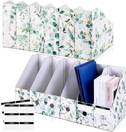 PerKoop 6 Pcs Decorative Magazine File Holders Floral Foldable File Folders Magazine Storage Boxes Rack Desk Organizer Documents with Printable Labels for School Office Home (Floral)