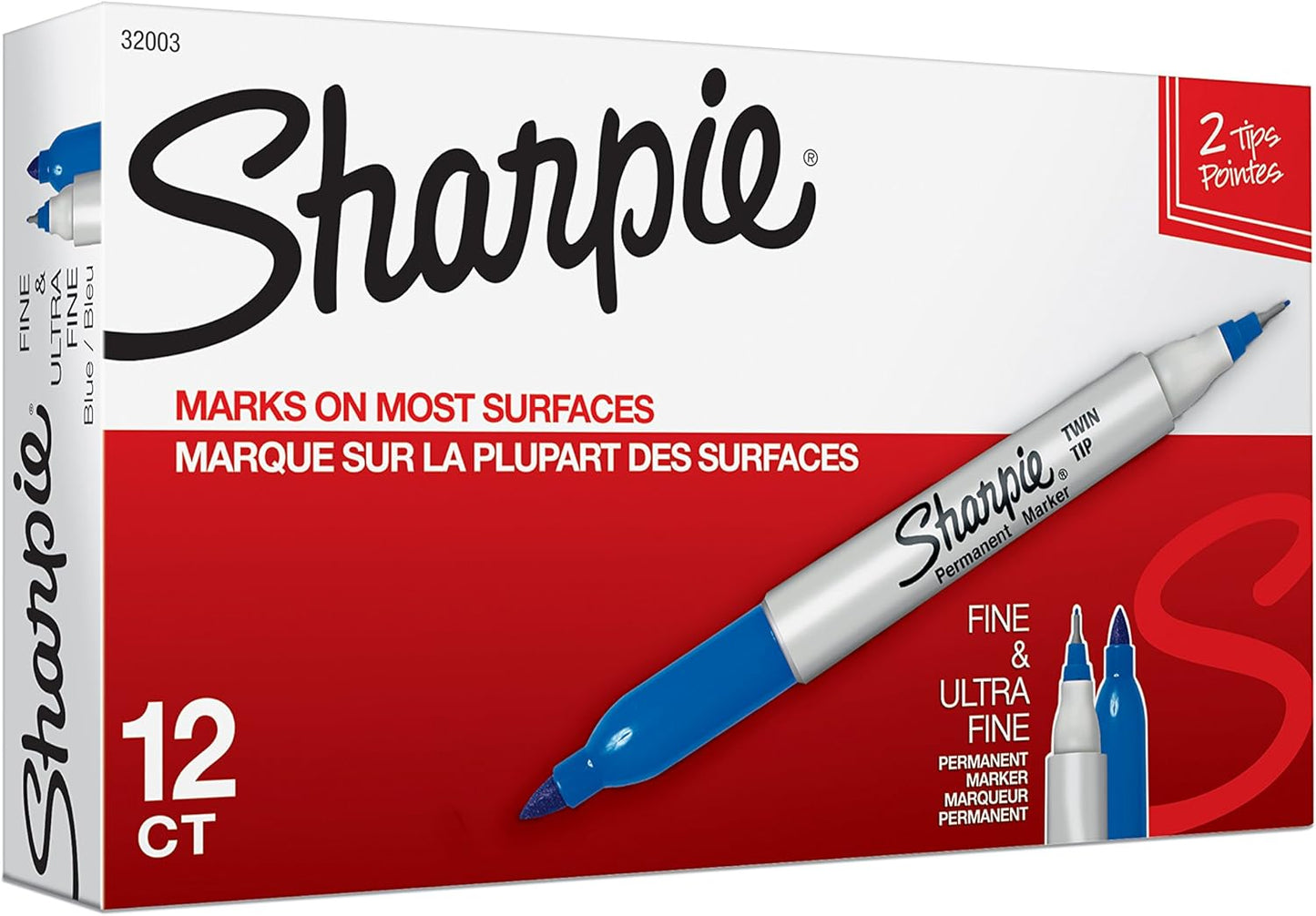 Sharpie Twin Tip Permanent Markers, Fine and Ultra Fine, Black, 12 Count