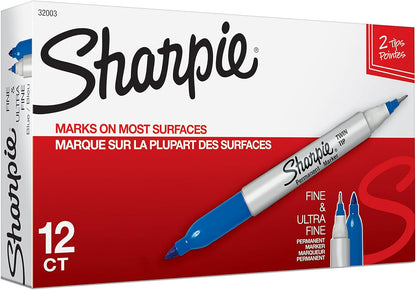 Sharpie Twin Tip Permanent Markers, Fine and Ultra Fine, Black, 12 Count