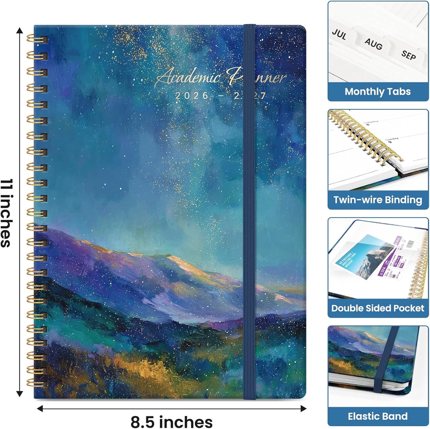 Planner 2026-2027, Academic Year Monthly and Weekly Calendar Planner, Jul 2026 - Jun 2027, Hardcover Teacher Student Planning Agenda book with Tabs, Perfect for School Office Supplies, 6.3" x 8.5" - Wildflowers