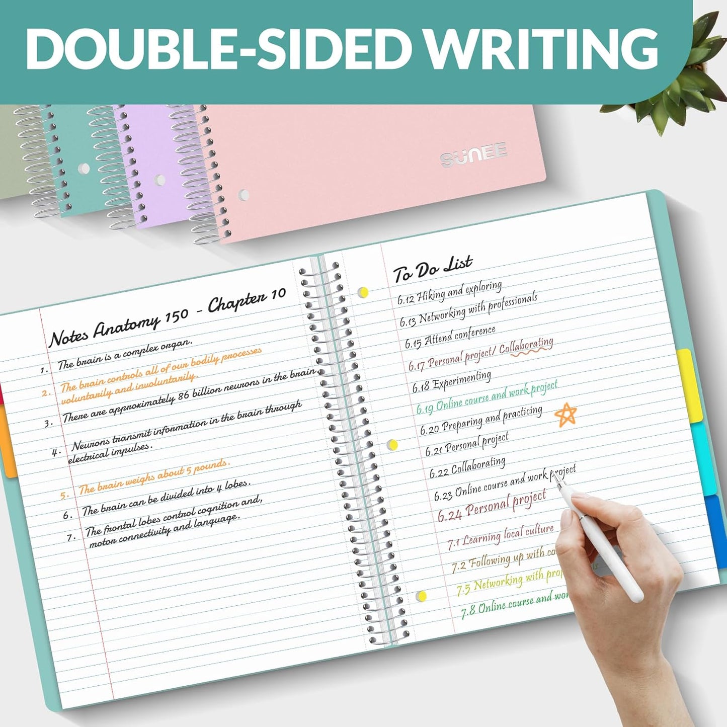SUNEE 5 Subject Graph Paper Notebook - 400 Pages, 9"x11", 4x4 Graph Ruled Notebook, 5 Pocket Colored Dividers, 3-Hole Punched Paper, Black