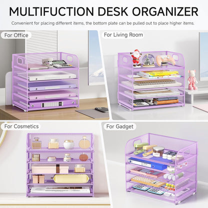 Lavatino 5 Tray Desk File Organizer, Black Mesh Paper Sorter Letter Tray Organizer with Handle, Desktop File Organizer and Storage for Letter/A4 Office File Folder