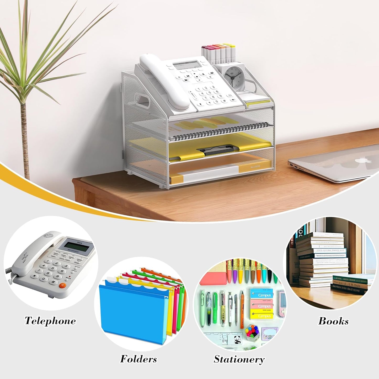 Letter Tray Paper, 4 Tier Desk Organizer with Pen Holder and Handle Mesh File Organizer Paper Sorter Metal Desktop Document Shelf for Office Home Classroom -Black