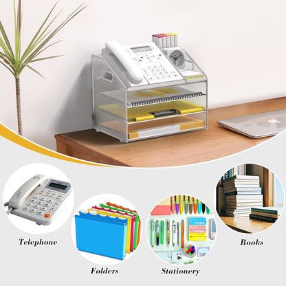 Letter Tray Paper, 4 Tier Desk Organizer with Pen Holder and Handle Mesh File Organizer Paper Sorter Metal Desktop Document Shelf for Office Home Classroom -Black