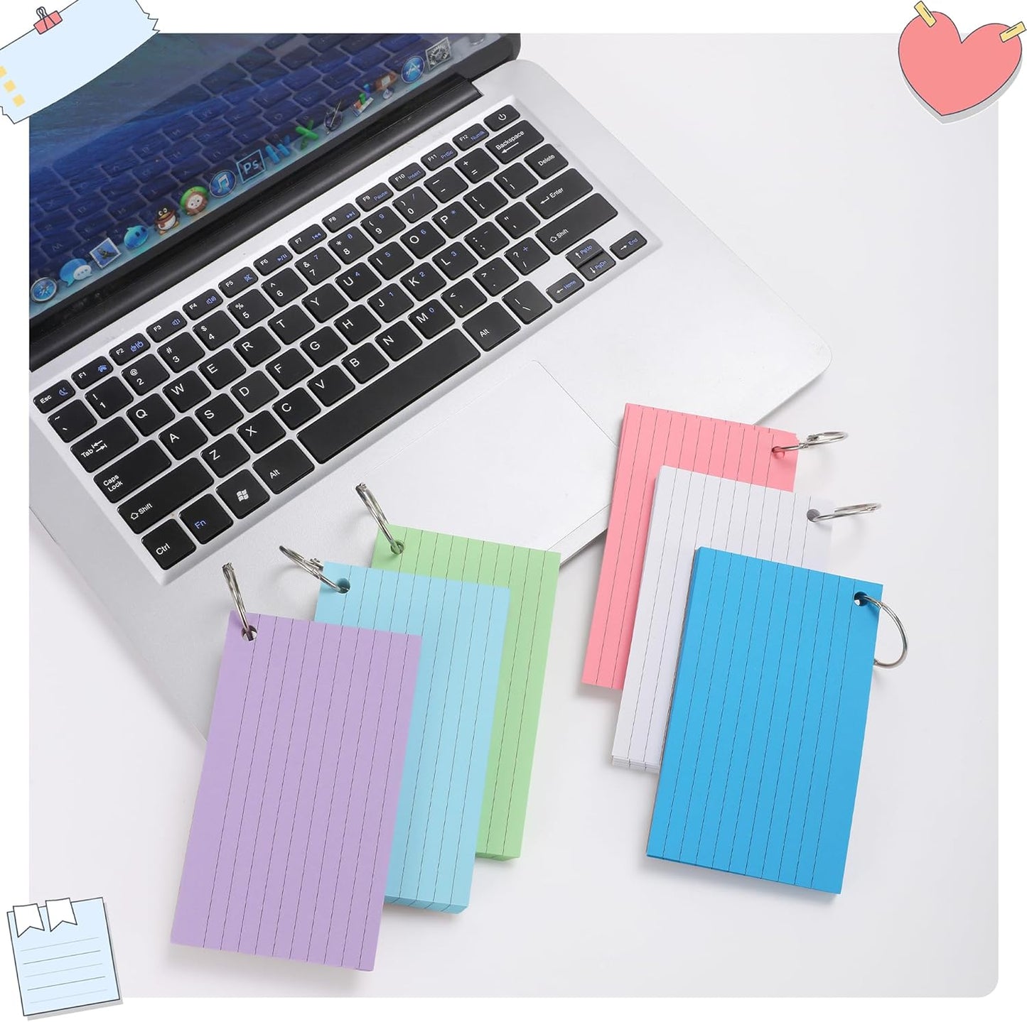300 Sheets Ruled Index Cards with Metal Ring Binder, Multicolor, 6 Pack
