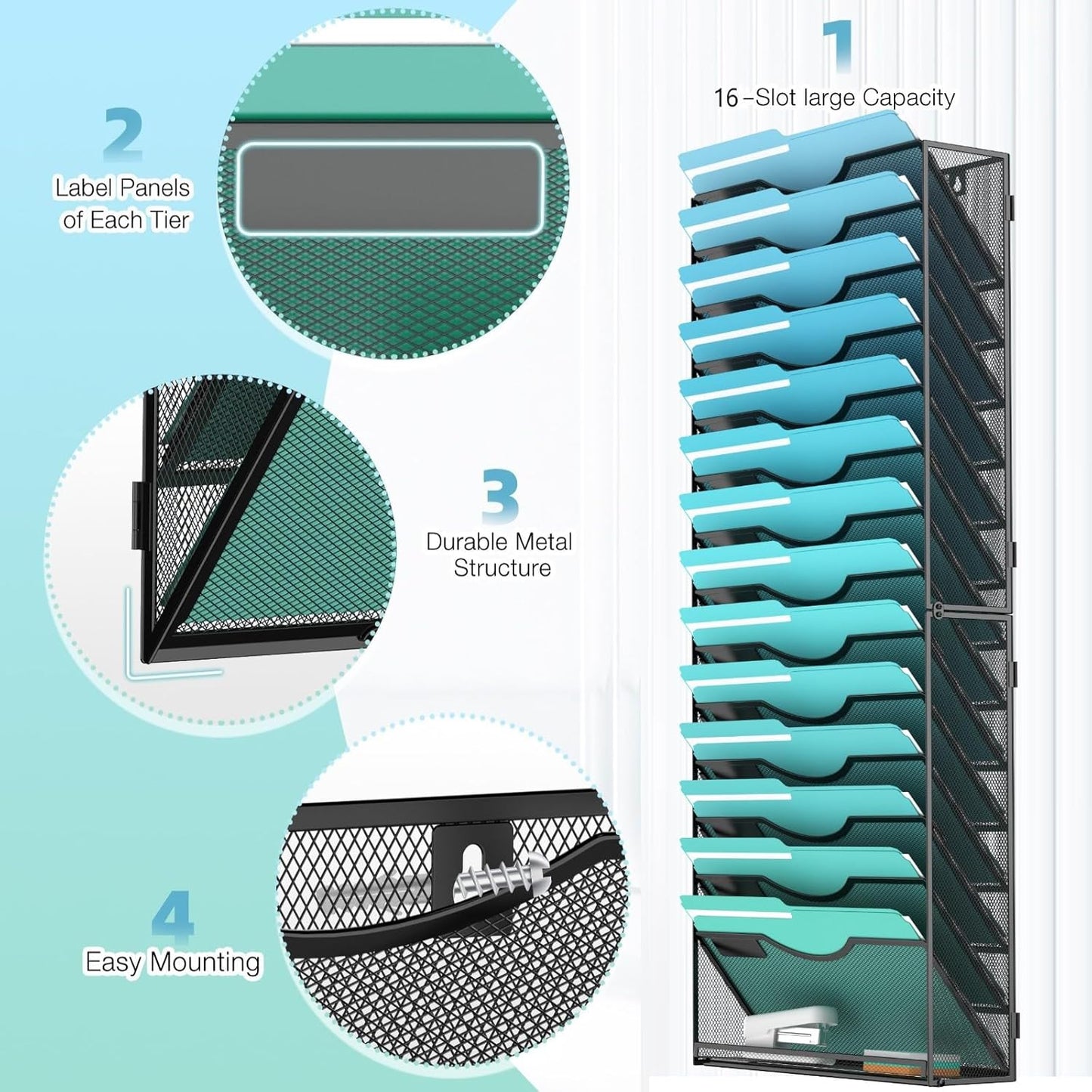Gawerk 10-Tier Wall File Organizer Hanging Wall File Holder Wall Mount Paper Folder Organize, Mesh Magazine Document Mail Organizer Wall Organizer for Office School Home, Black