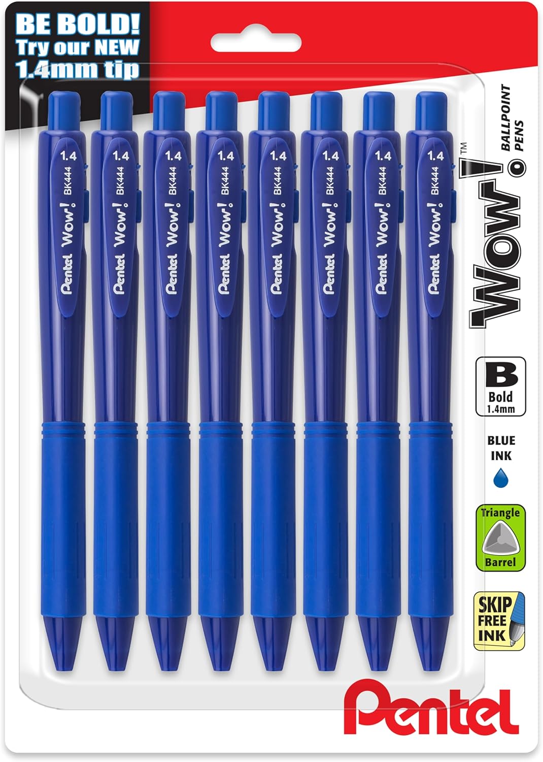 Pentel Wow! Retractable Ballpoint Pen, (1.4mm), Bold Line, Black Ink, Pack of 8 (BK444BP8A)