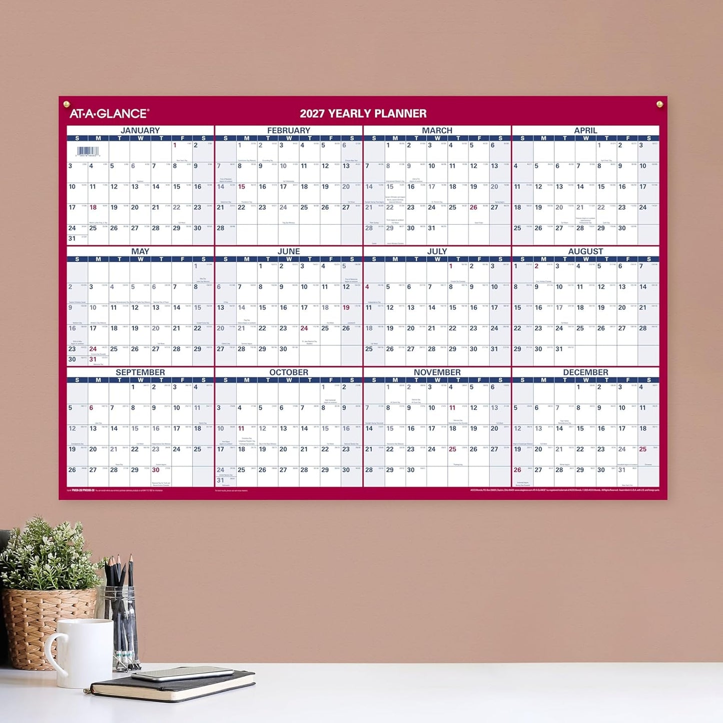 AT-A-GLANCE 2026 Erasable Calendar, Dry Erase Wall Planner, 12" x 16", Small, Vertical-Horizontal, Reversible, Compact (PM330B2826)