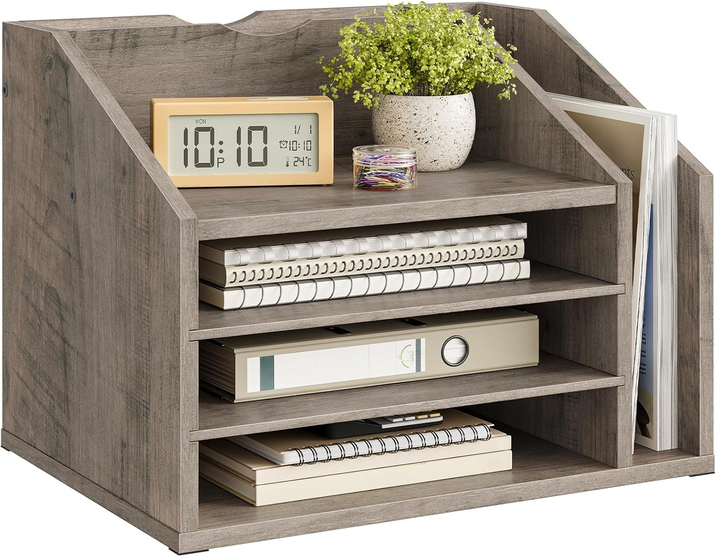 CHOEZON Wooden Desk Organizer with Adjustable Partitions, Multi-Layer Desktop File Holder for Home Office, Paper & Stationery Storage Organizer, Rustic Brown MWJ04FG