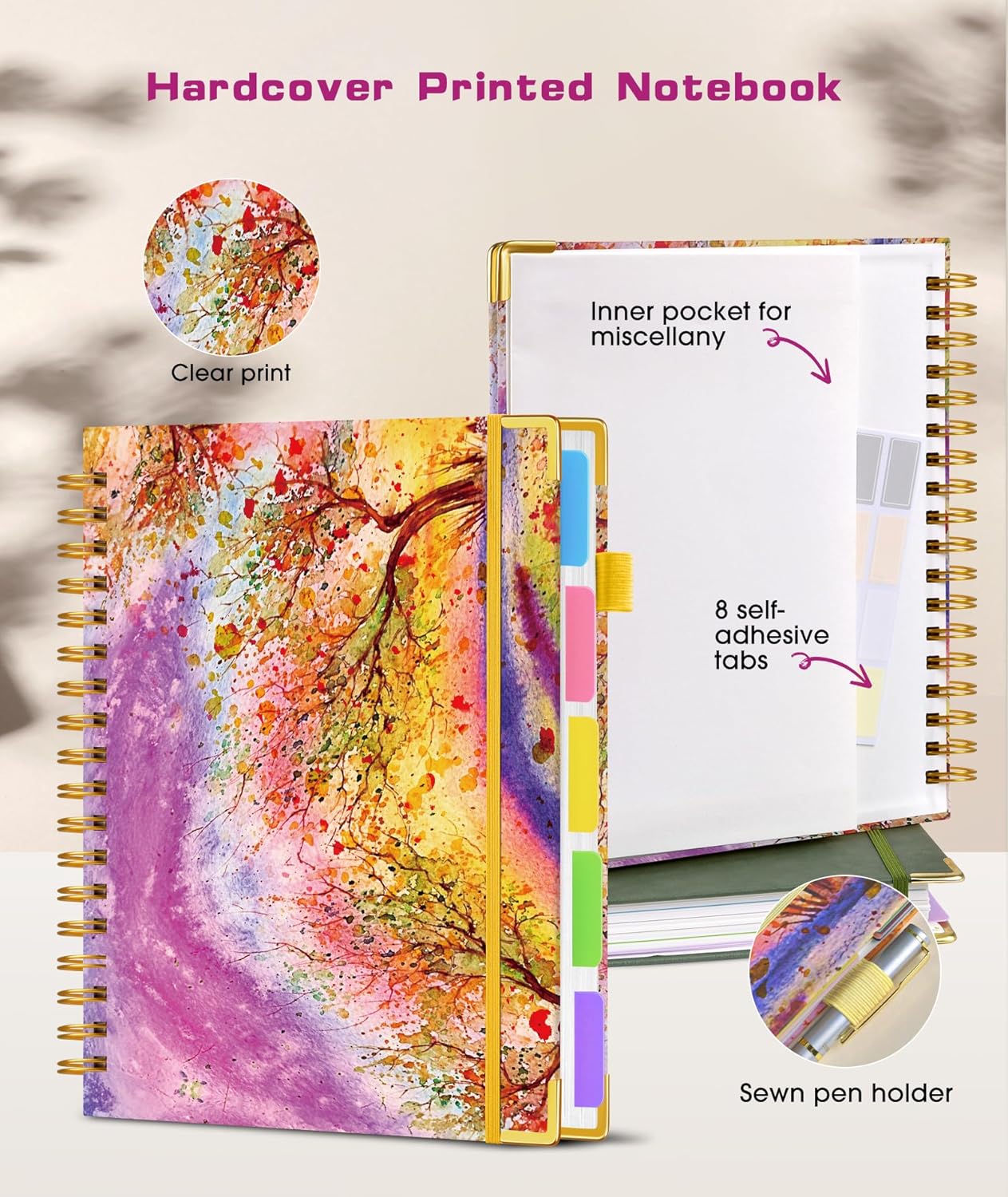 Hardcover Spiral Notebook Journal with Removable Dividers Tabs, 300 Pages Leather 5 Subject Notebook College Ruled, 8"x10" Large B5 Notebooks for Work School Note taking, Lined Journal for Women, Pink