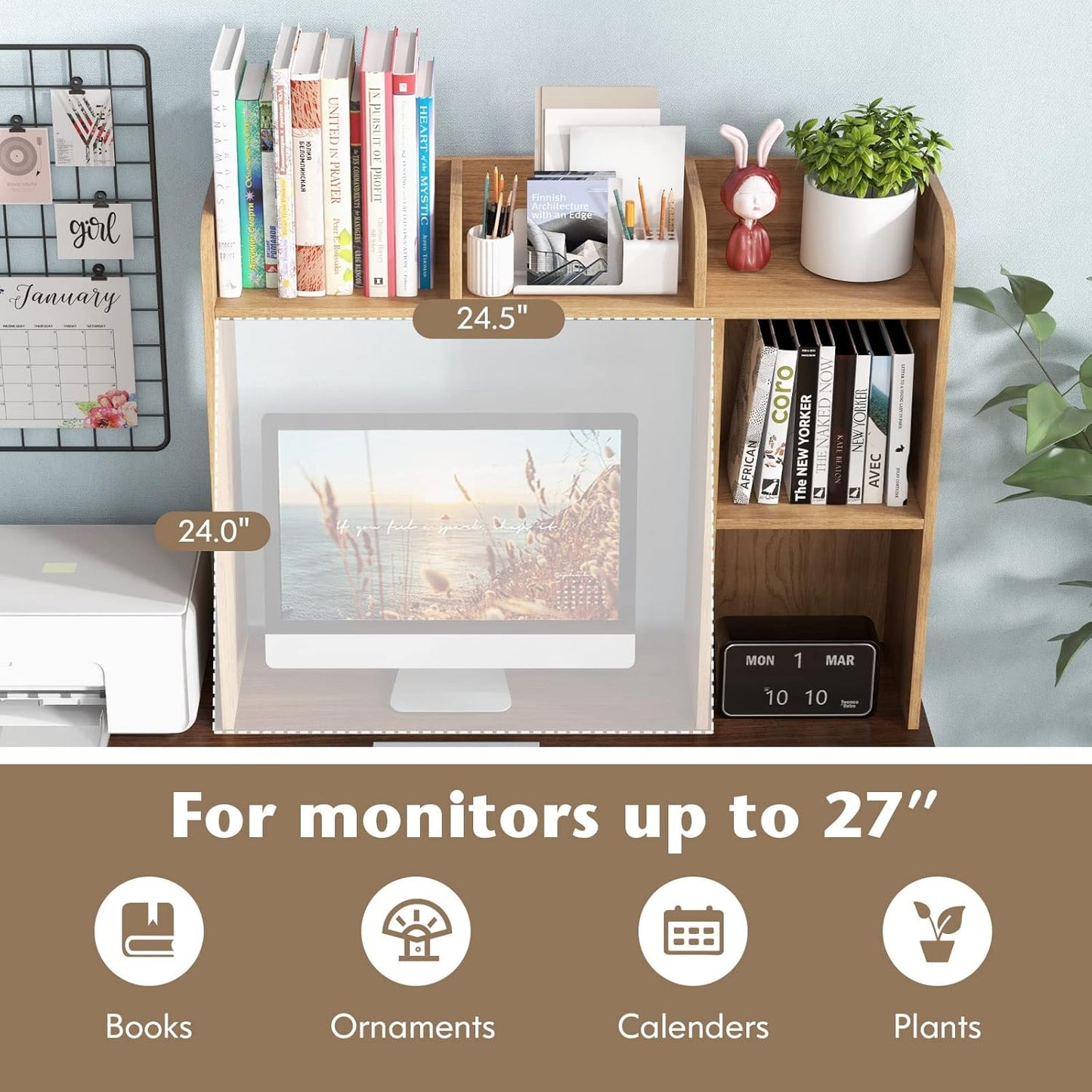 Tangkula Desktop Bookshelf, Countertop Storage Hutch with 5 Shelves for Computer Desk, Desk 3-Tier Display Rack, Multipurpose Wood Desktop Hutch Storage Organizer for Dorm Office Home