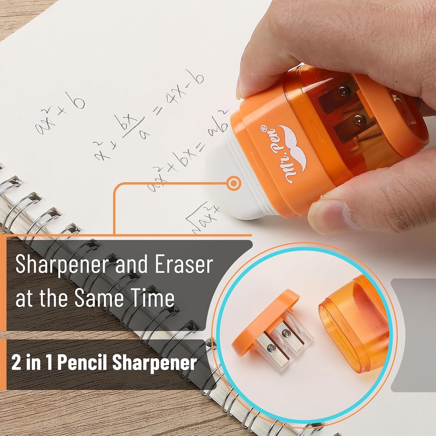 Mr. Pen- Pencil Sharpener & Eraser, 4 Pack, 2-in-1 Manual Sharpeners with Canister, 2 Sharpening Holes for Standard & Jumbo Pencils, Colorful Dual Hole Design for School, Office, Home, Kids