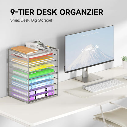 Cawukege 9 Tier Paper Organizer with Handle, Black Large Capacity Desk Organizer Mesh File Folder Letter Paper Tray Desktop Document Sorter for Classroom, School, and Office Accessories Organization