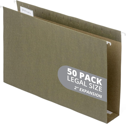 50 Extra Capacity Hanging File Folders, Heavy Duty, 2’’ Expansion Filing Folders, Designed for Bulky Files, Legal Charts, Manuals, and More, Standard Green, Legal Size, 50 Pack