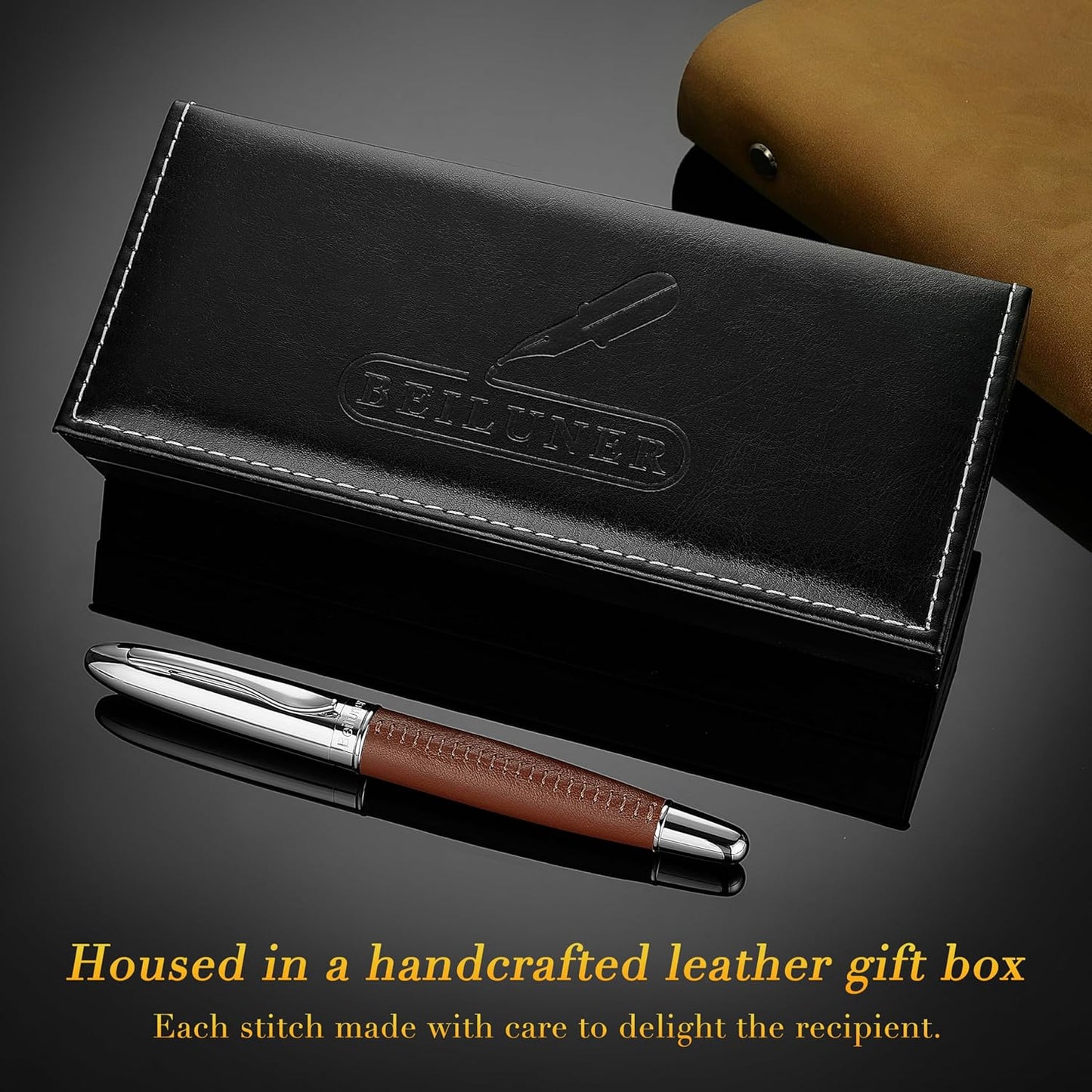 BEILUNER 318 Luxury Leather Pen, Hand-Stitched Premium Leather, Chrome-Plated Finish, Schmidt Ink Refill, Best Rollerball Pen Gift for Men & Women, Refillable, Executive Writing, Nice Pens