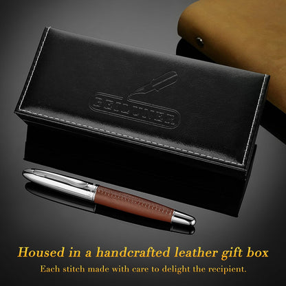 BEILUNER 318 Luxury Leather Pen, Hand-Stitched Premium Leather, Chrome-Plated Finish, Schmidt Ink Refill, Best Rollerball Pen Gift for Men & Women, Refillable, Executive Writing, Nice Pens